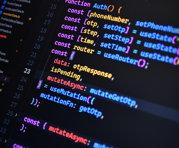 Vibrant JavaScript code on a screen showcasing front-end development with syntax highlighting.